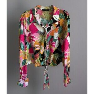 RACHEL ROY Multi-Color Floral Leaf Print Tie Tropical Boho Button Shirt Women Lg